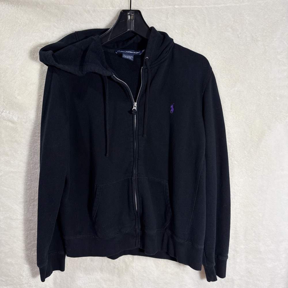 Polo Ralph Lauren Sport  Black Zip Front‎ Hoodie with Purple Horse Womens XL